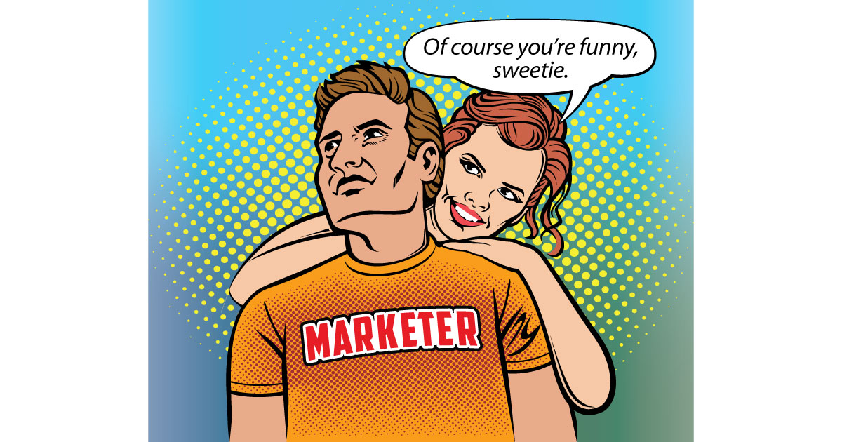 Man with Marketer t-shirt with woman behind him.