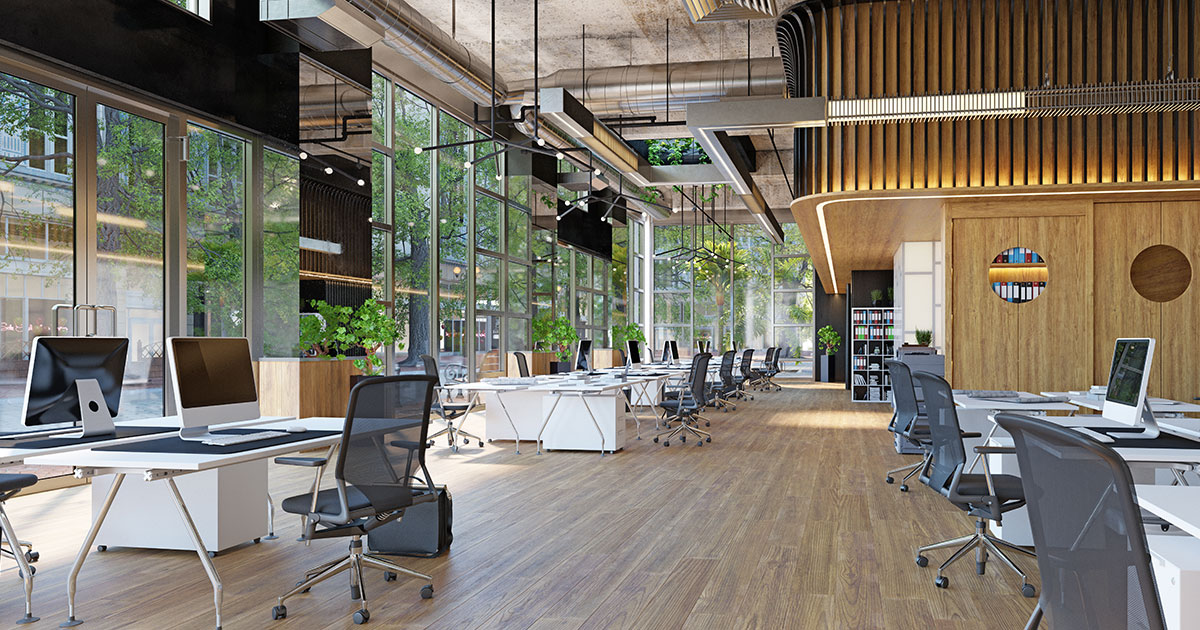 office workspace high ceiling and wood floor