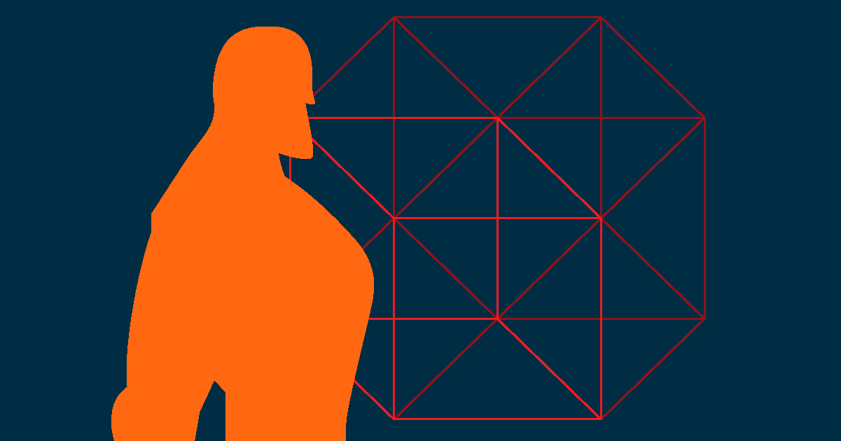 Blue background with red shape and orange person