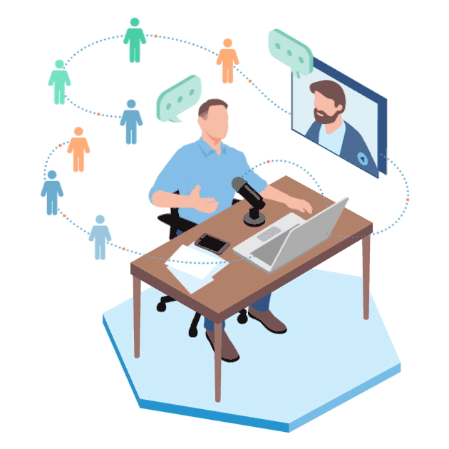 graphic of man podcasting at a desk