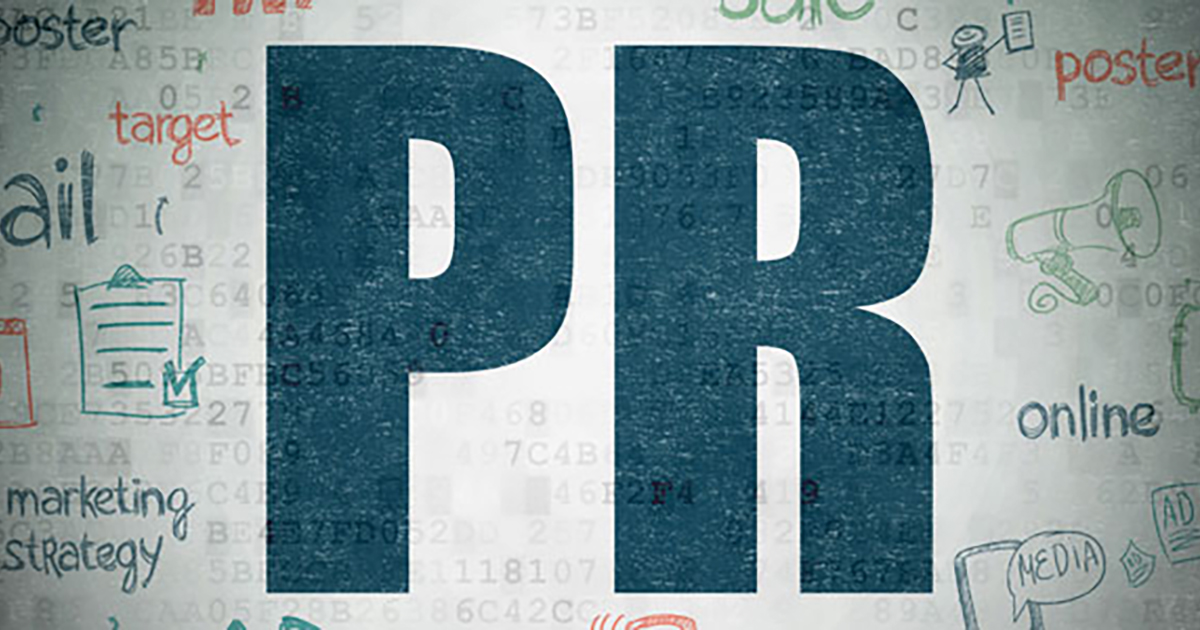 Blue PR letters on white background.
