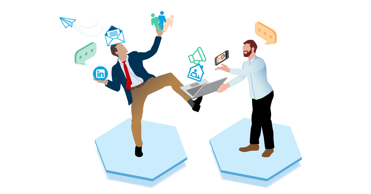 Men juggling social media icons.