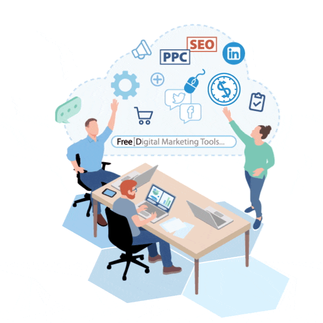 3 animated people pointing to PPC & SEO shapes