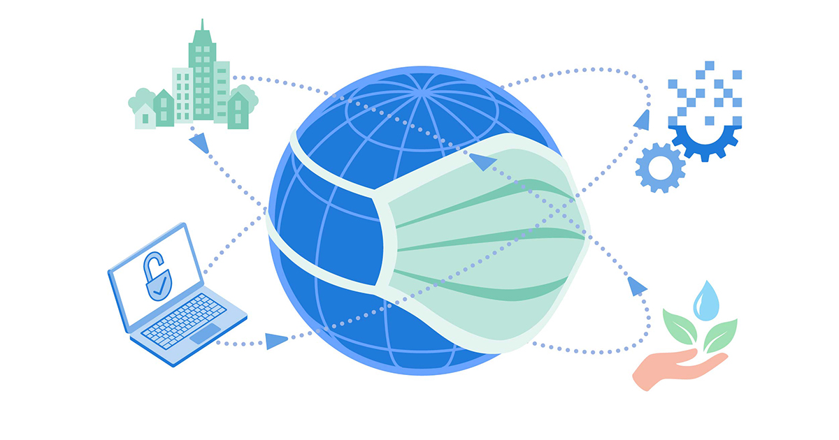 world globe with surgical mask covering