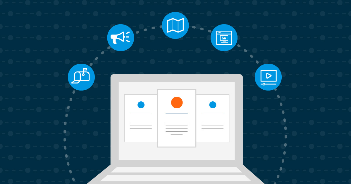Animated laptops with content boxes.