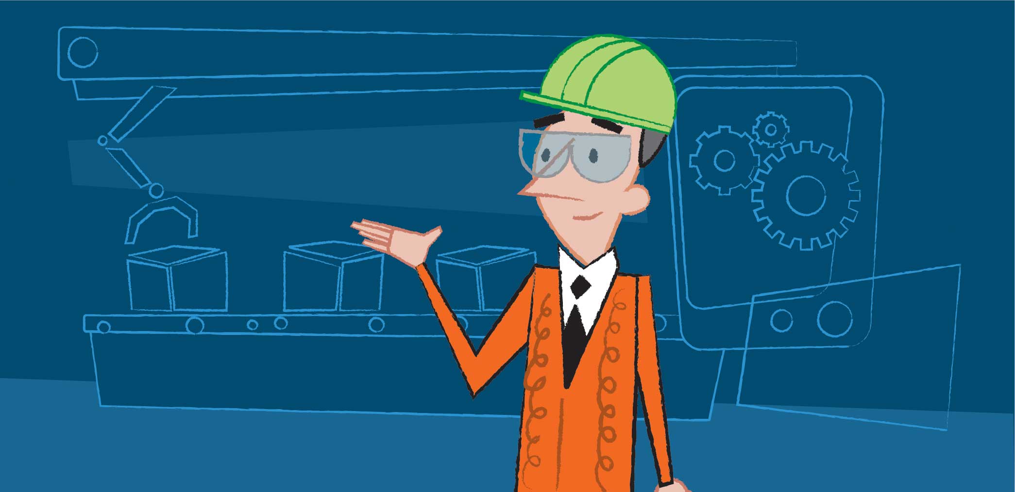 Animate man with green hard hat in orange suit.