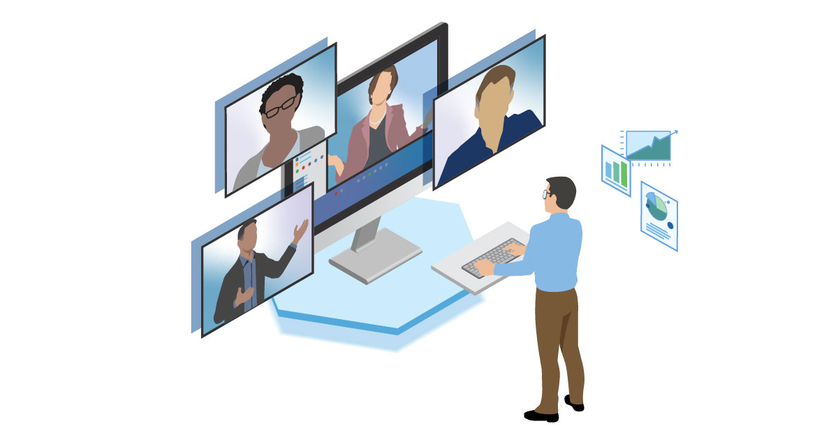 graphic of man standing at computer screens