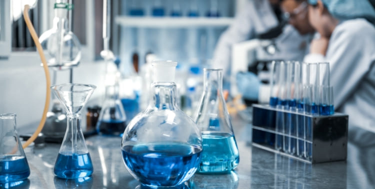 Lab beakers, flasks and test tubes grid image
