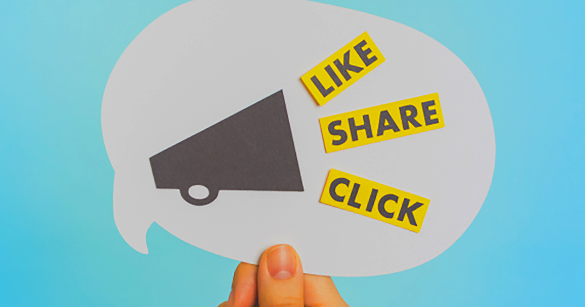 Like, share and click words coming out of megaphone.