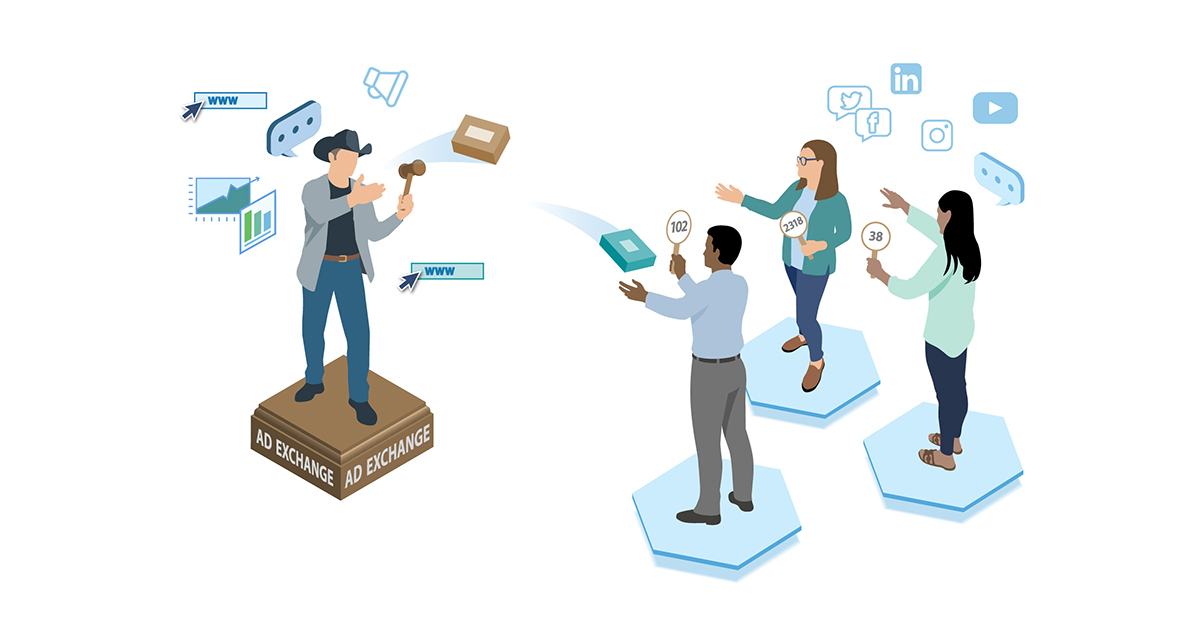 Animated man in hat standing on box pointing at people.