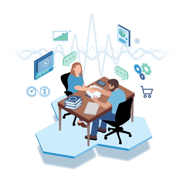 Animation of 2 people sitting at a desk working