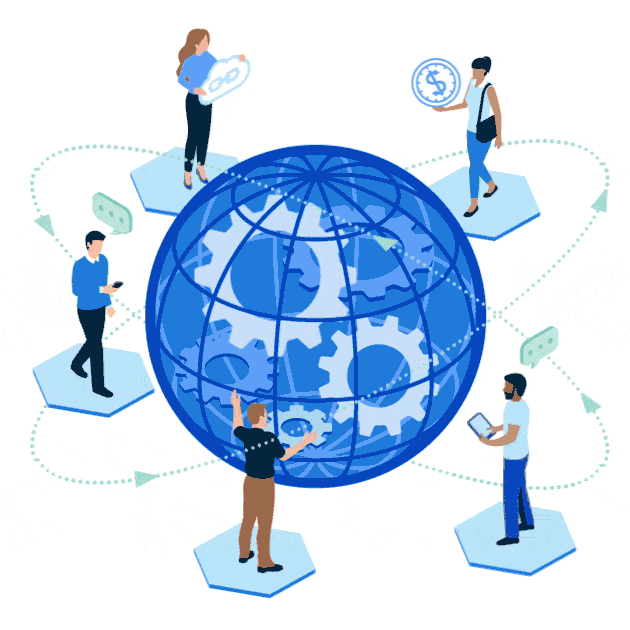 graphic of people with marketing tools standing around the globe