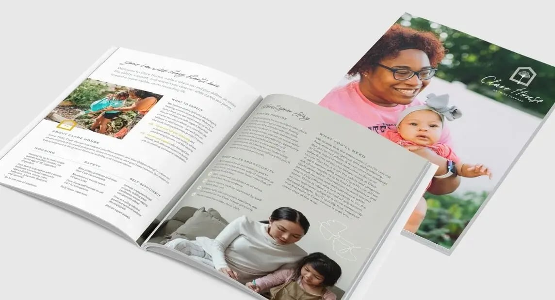 Clare House printed brochure and informational materials featuring photography and resources for mothers and children experiencing homelessness.