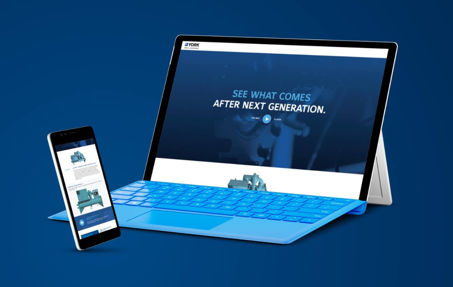 Desktop computer and smartphone display the same responsive website, illustrating a mobile-friendly web design across multiple devices.