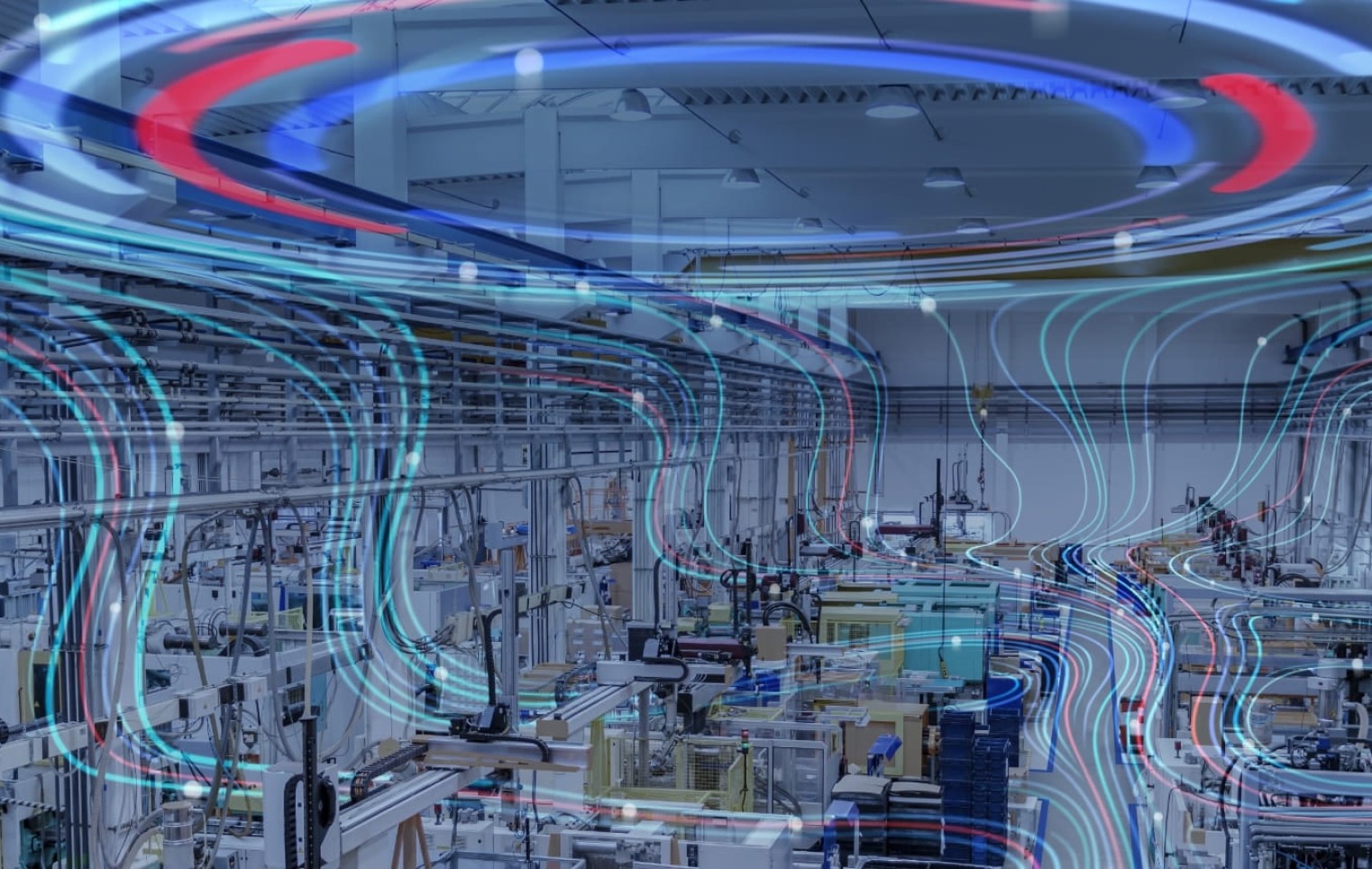 Manufacturing facility overlaid with digital data streams, illustrating connected industrial systems, automation, and smart factory technology.