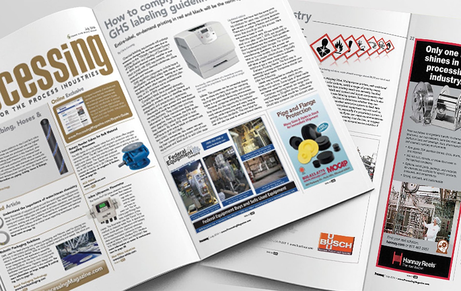 Open trade magazine features industrial articles, product ads, and technical content, illustrating print media and industry publication coverage.