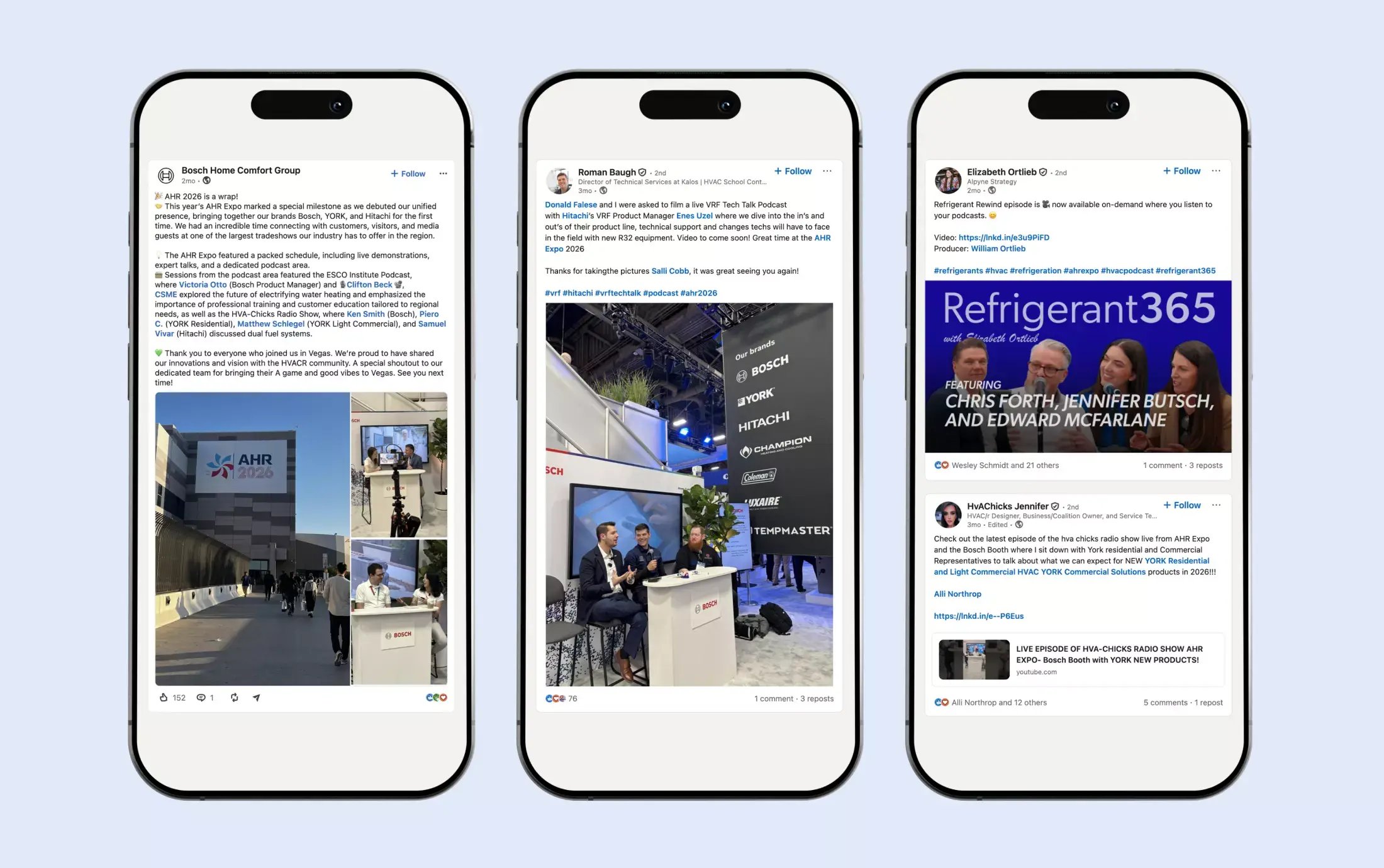 Three smartphone mockups display LinkedIn posts about Bosch Home Comfort Group’s AHR Expo presence, including event photos, podcasts, and media coverage.