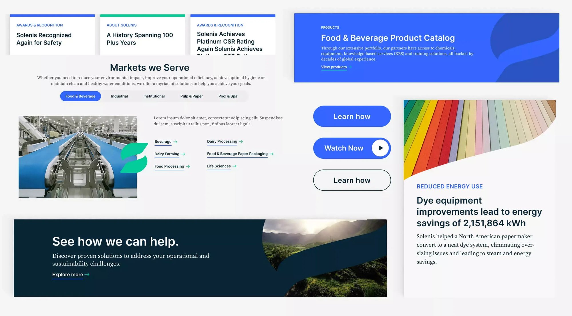 Solenis website design examples show markets served, product catalog, calls to action, sustainability content, and news cards.