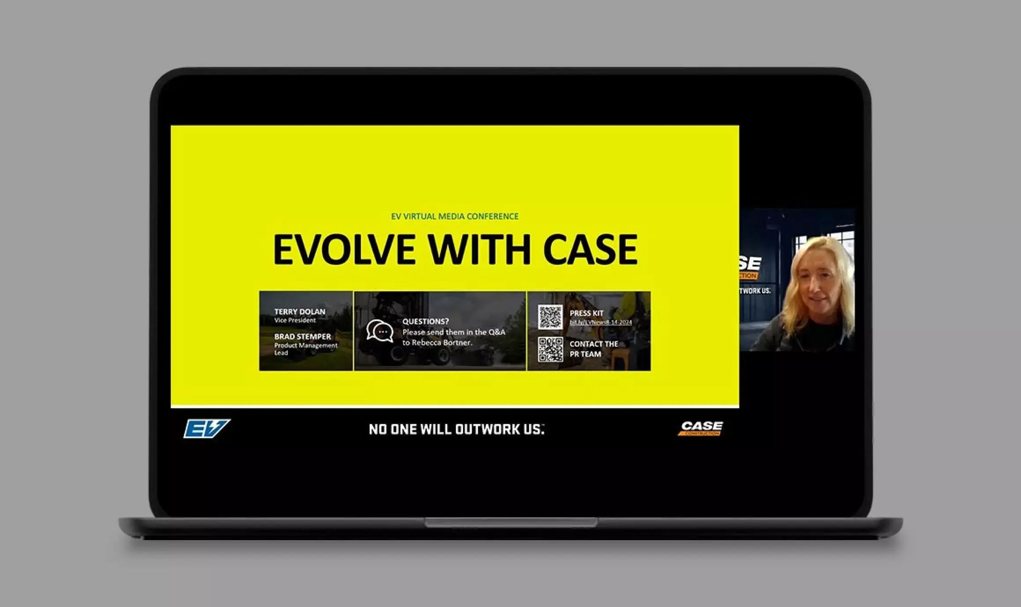 Laptop displays the CASE Evolve With CASE virtual media conference presentation with a remote presenter.