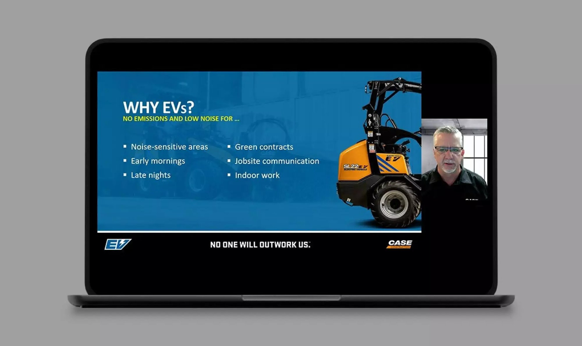 CASE virtual presentation highlights electric equipment benefits with an electric articulated loader.