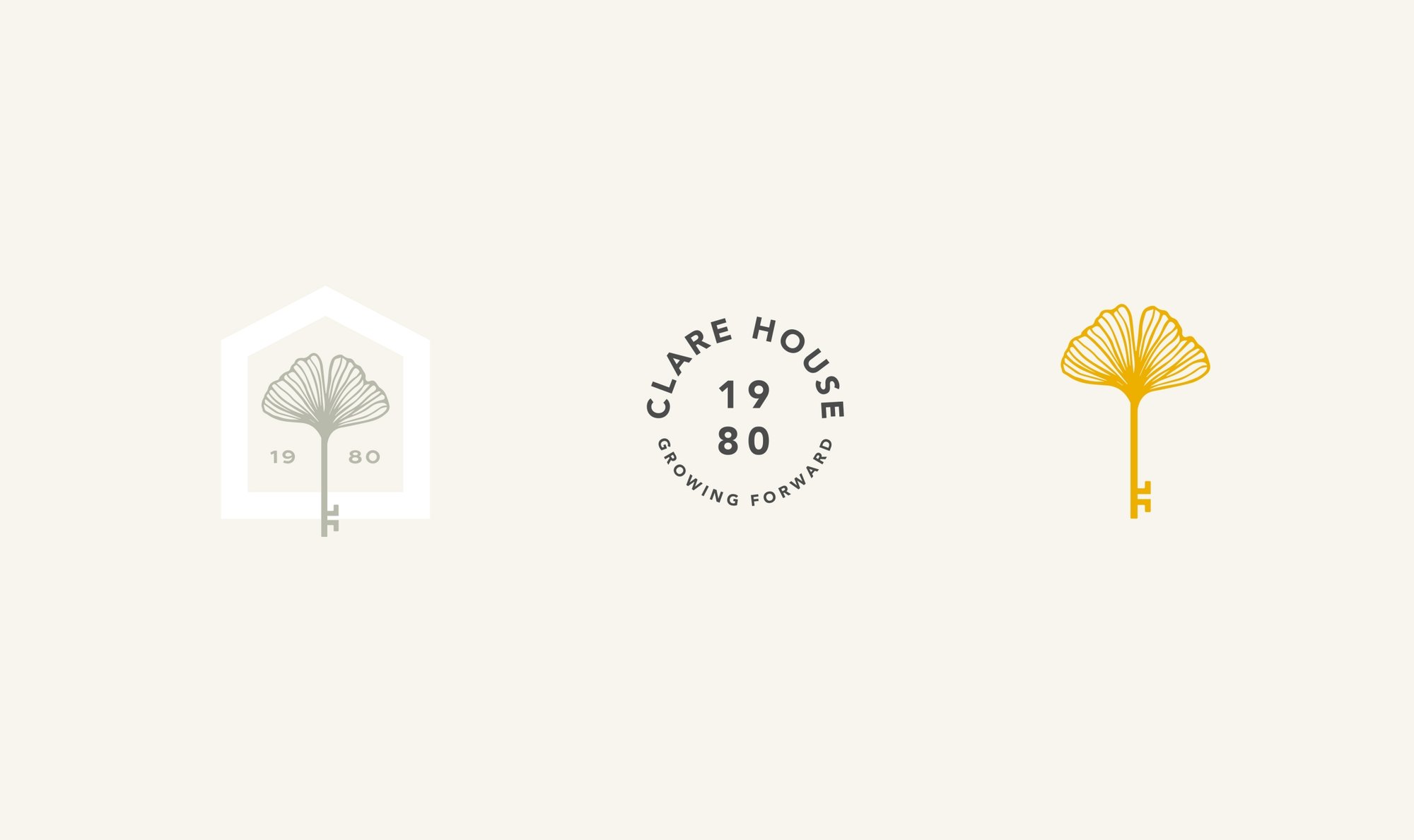 Clare House secondary brand marks feature a house and flower symbol, circular Growing Forward logo and a yellow flower shaped like a key.
