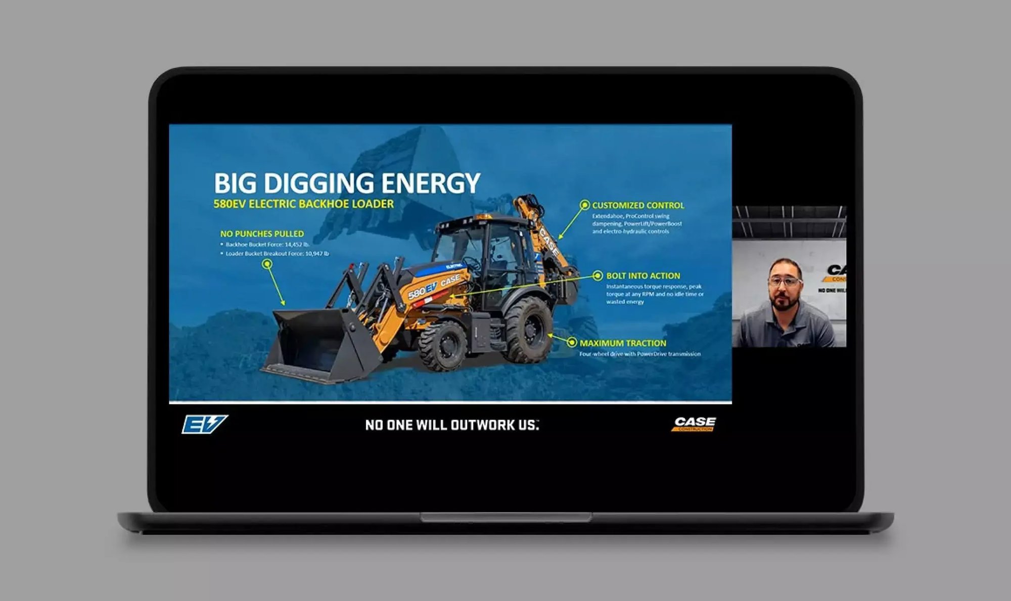 CASE virtual presentation features the 580EV electric backhoe loader with performance and control highlights.