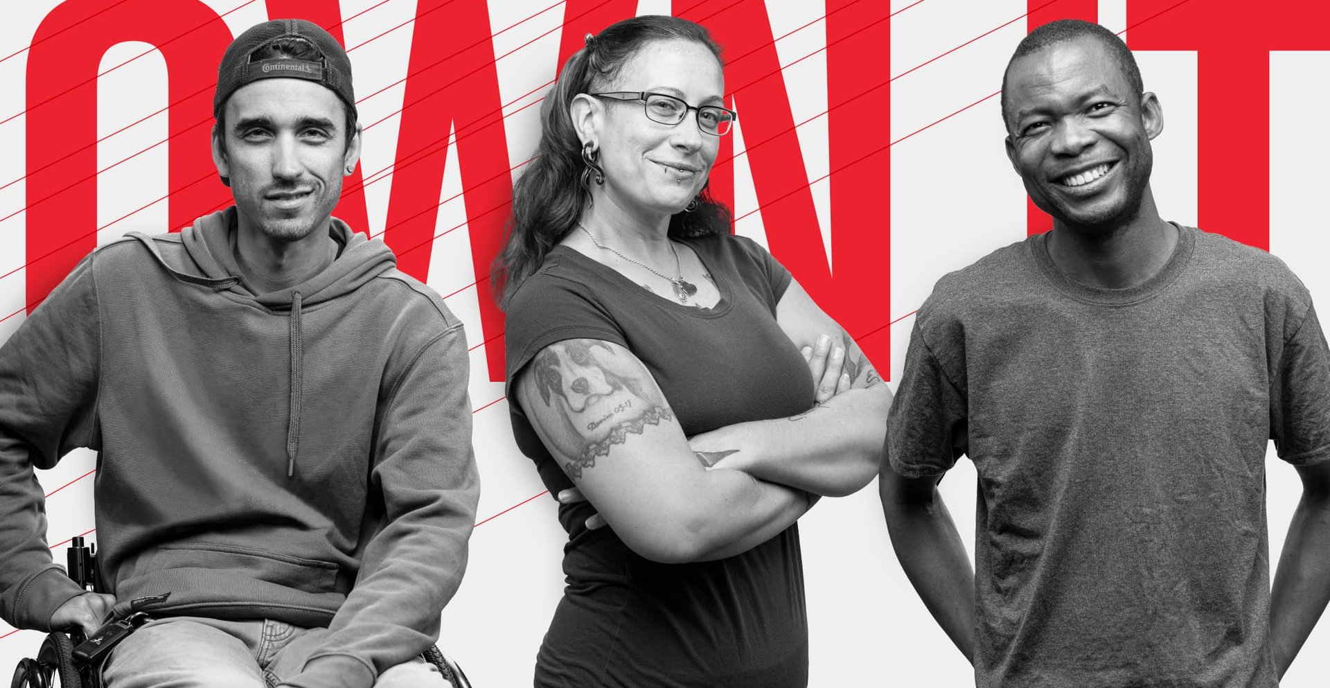 Three Hypertherm Associates employees pose against bold red and white Own It recruitment campaign graphics.