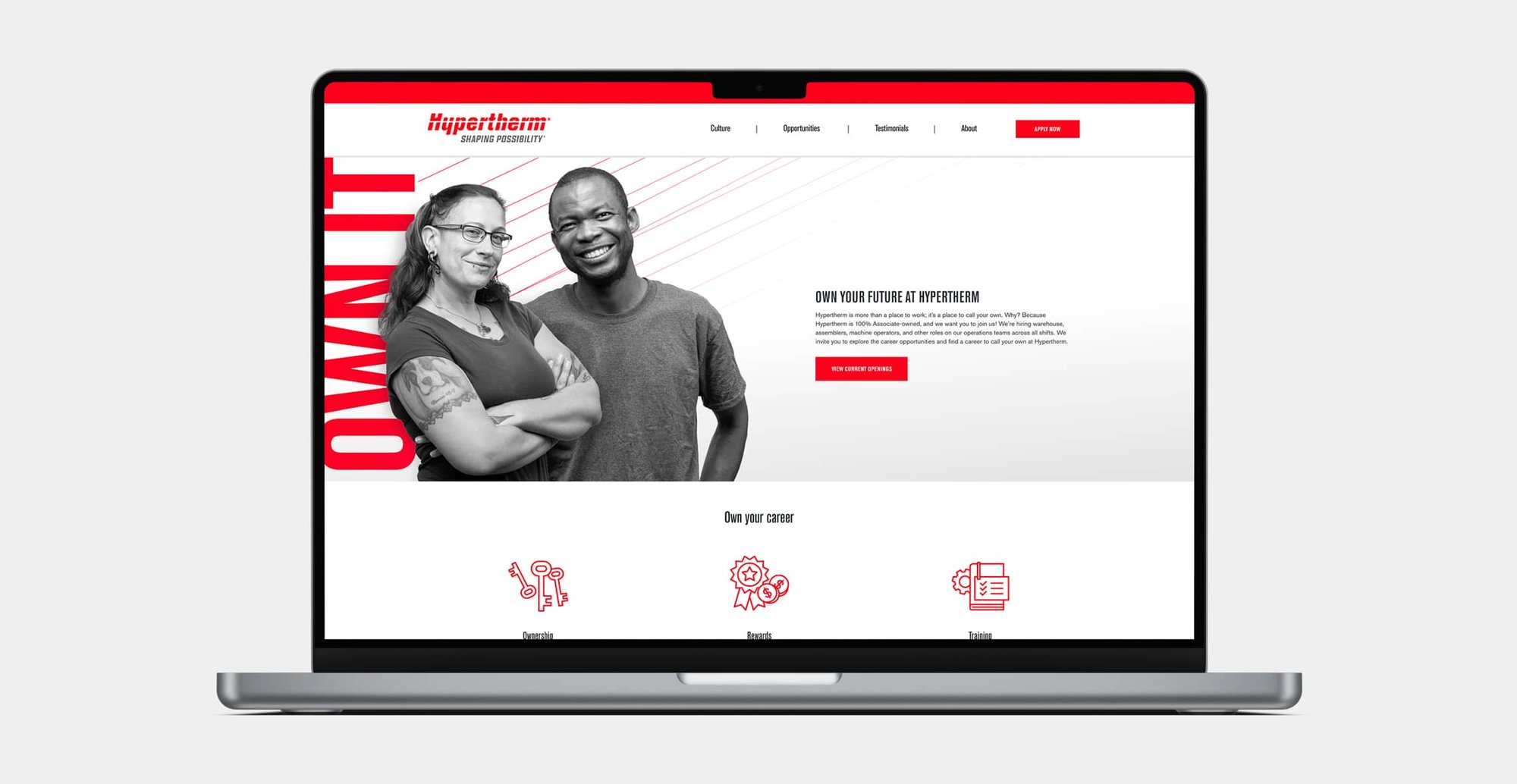 Laptop displays the Hypertherm careers website featuring employee portraits and Own Your Future messaging.
