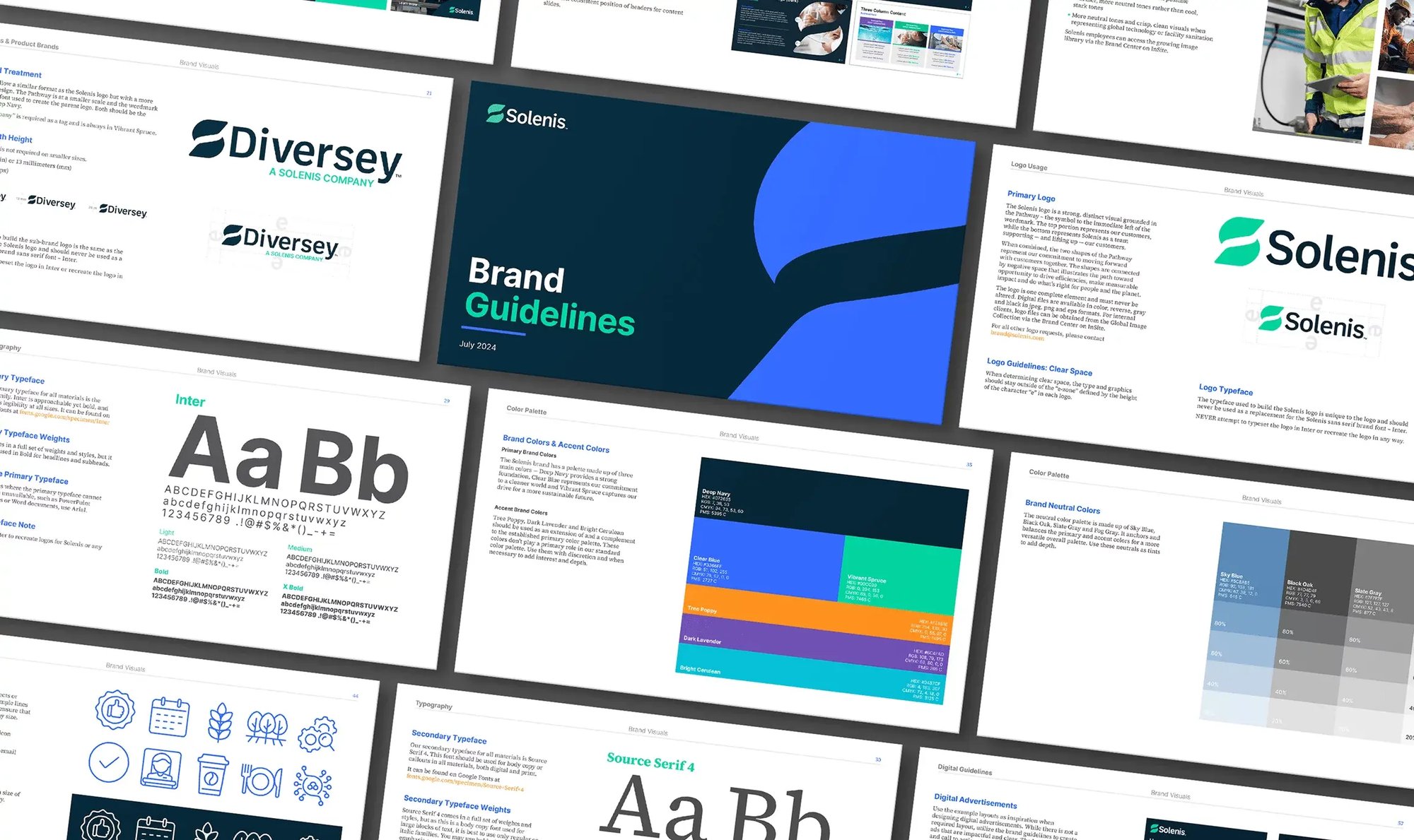 Solenis brand guidelines display the refreshed logo, color palette, typography and visual identity elements.