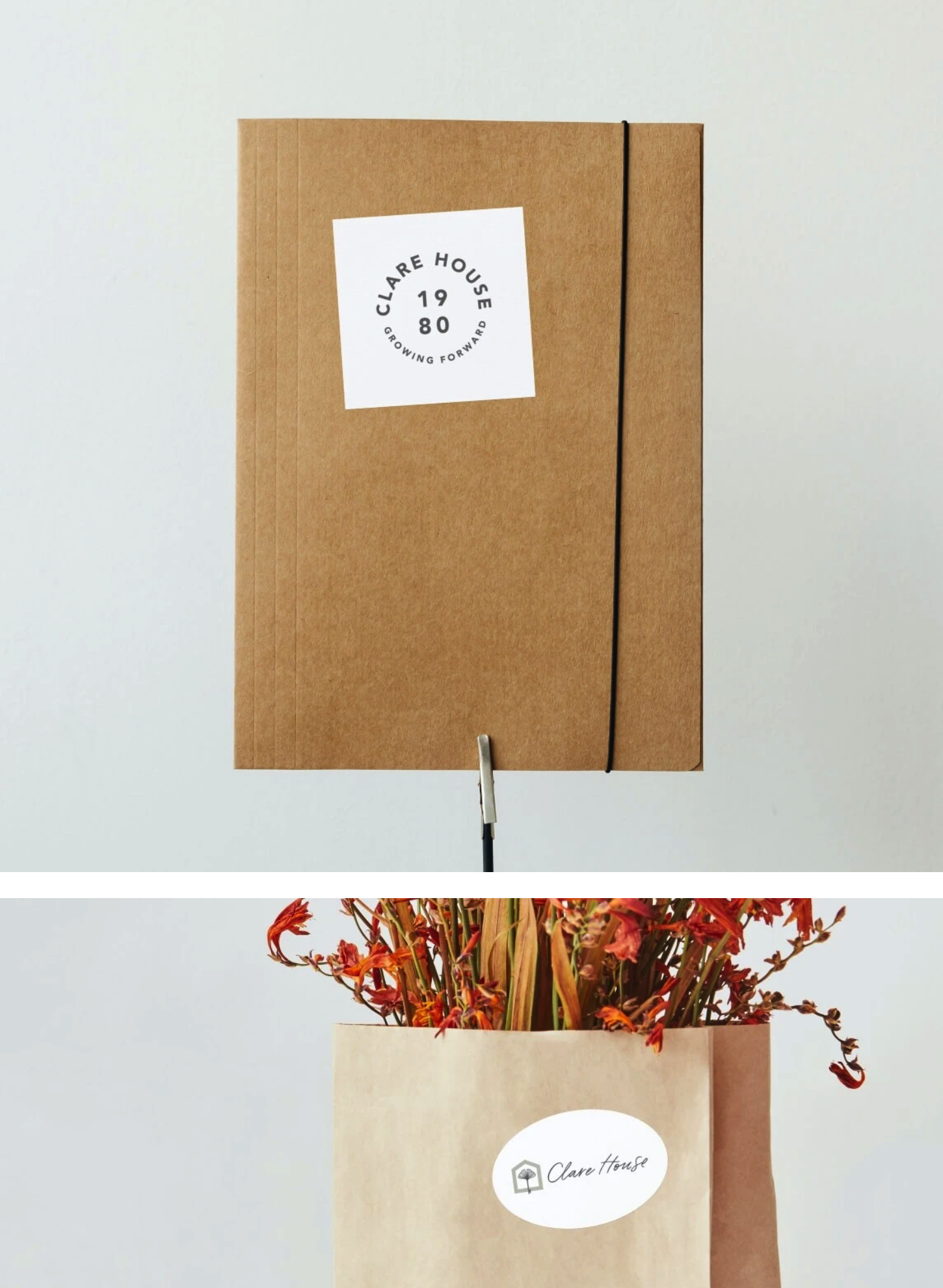 Clare House branded folder and flower packaging feature natural kraft materials and the nonprofit’s refreshed logo designs