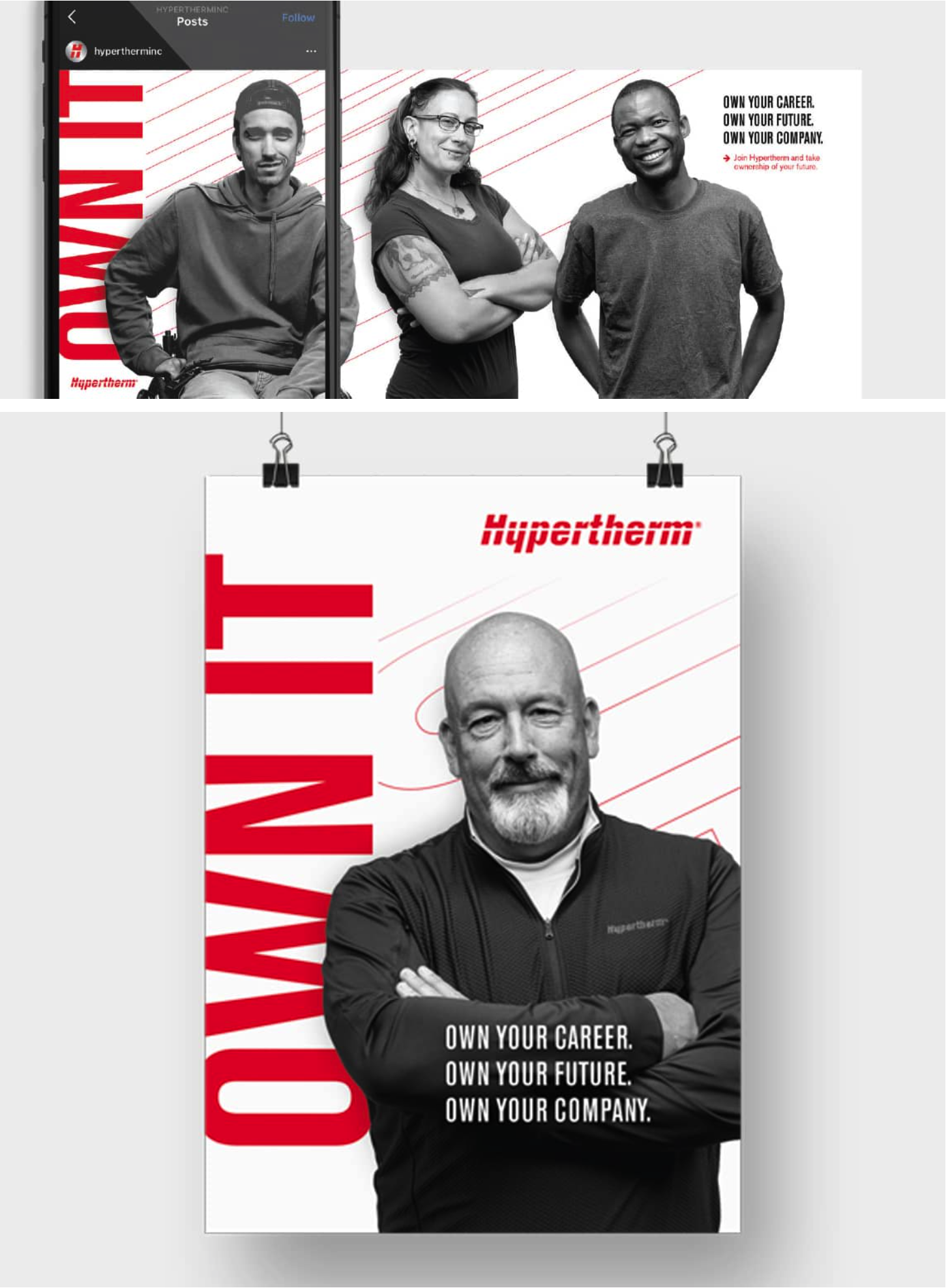 Hypertherm recruitment campaign shows employee portraits across social media graphics and a printed poster.