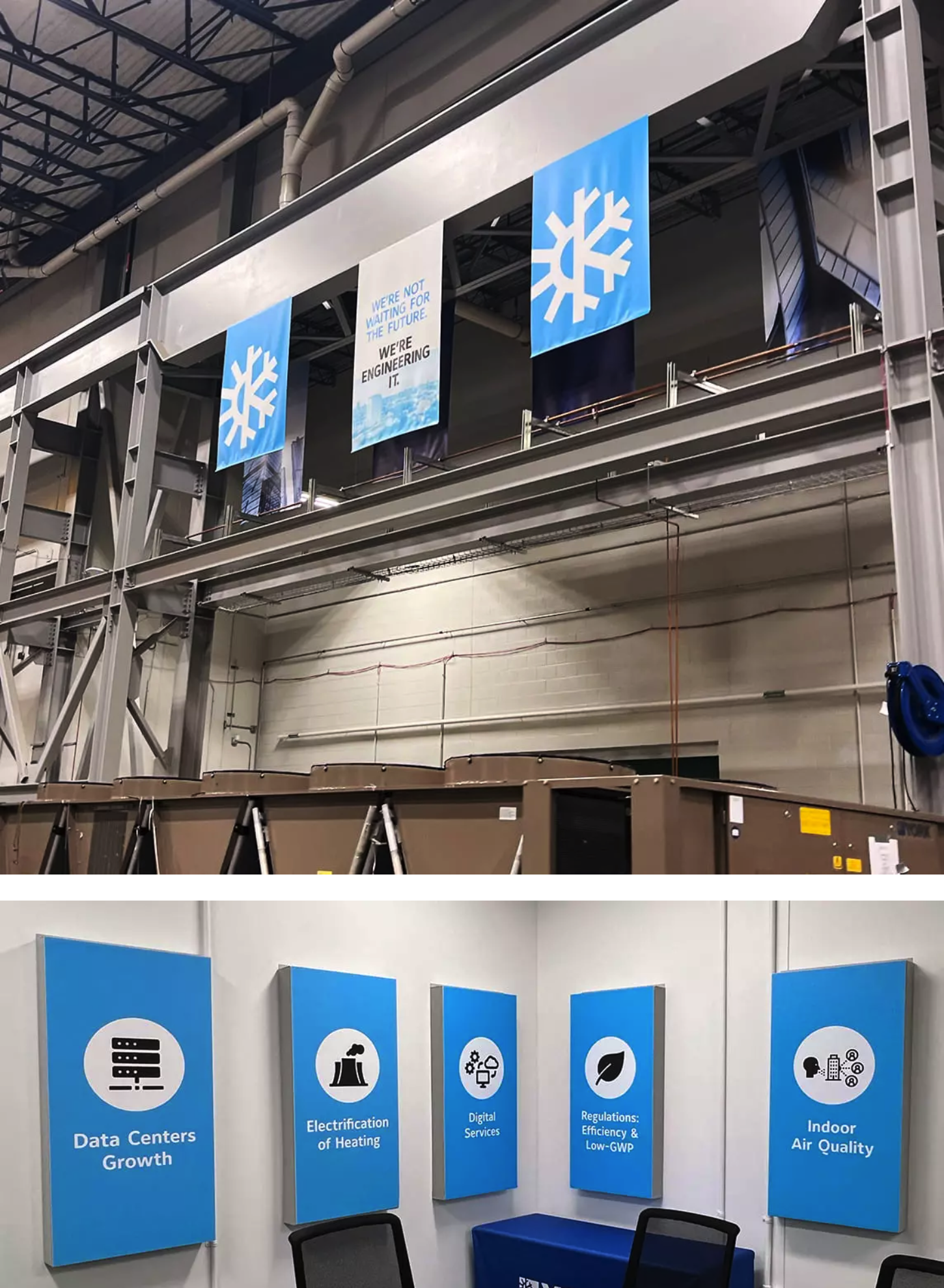 Johnson Controls facility graphics feature engineering banners and displays highlighting data centers, heating and air quality.