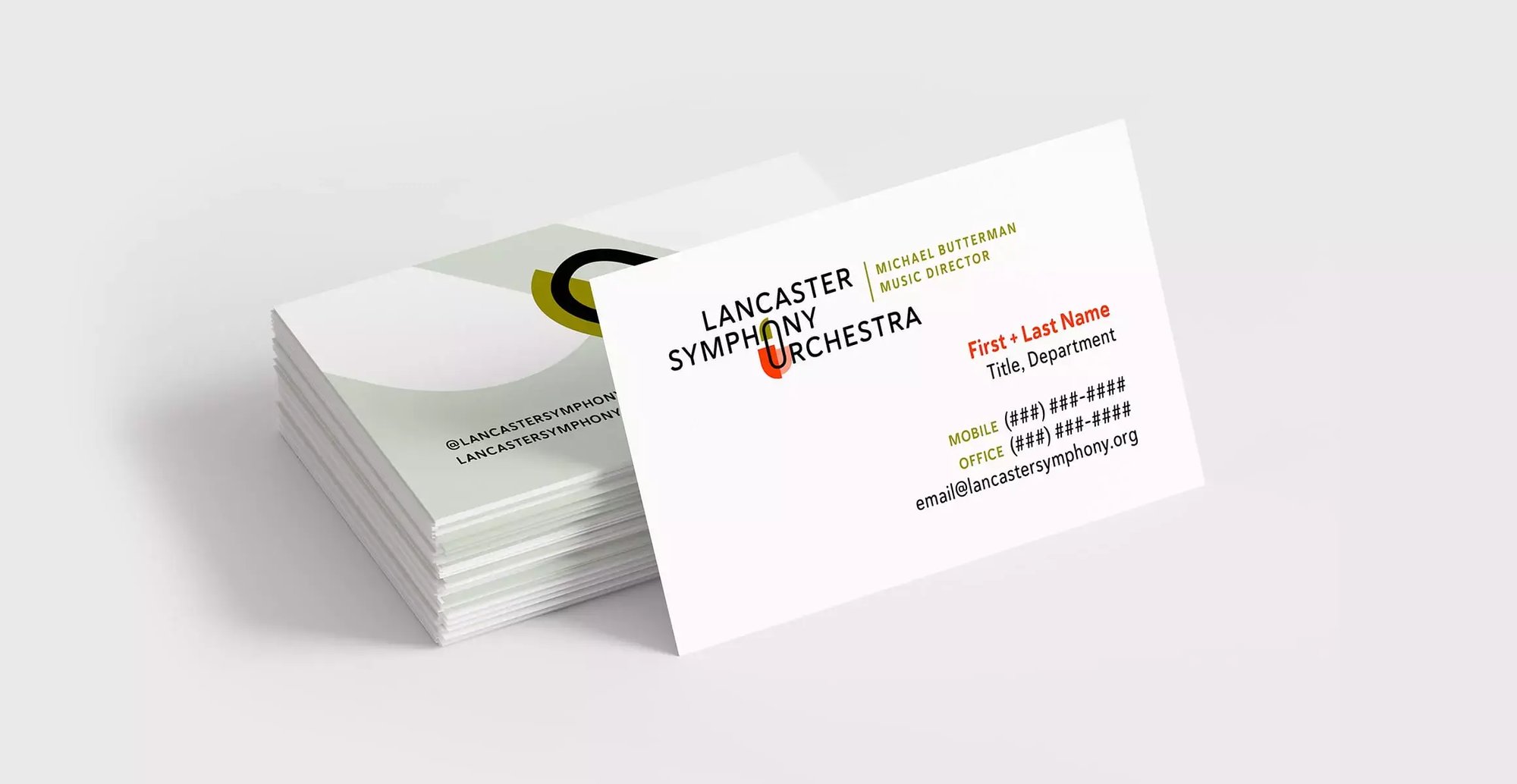 Lancaster Symphony Orchestra business cards showcase the refreshed logo, typography and visual identity created for the organization.