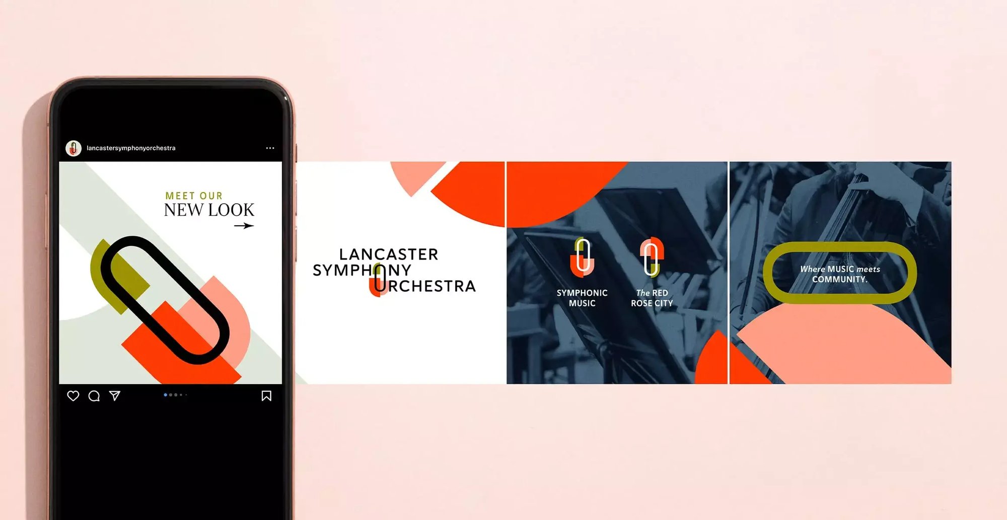 Lancaster Symphony Orchestra social media templates feature the refreshed logo, colorful graphics and community-focused messaging.
