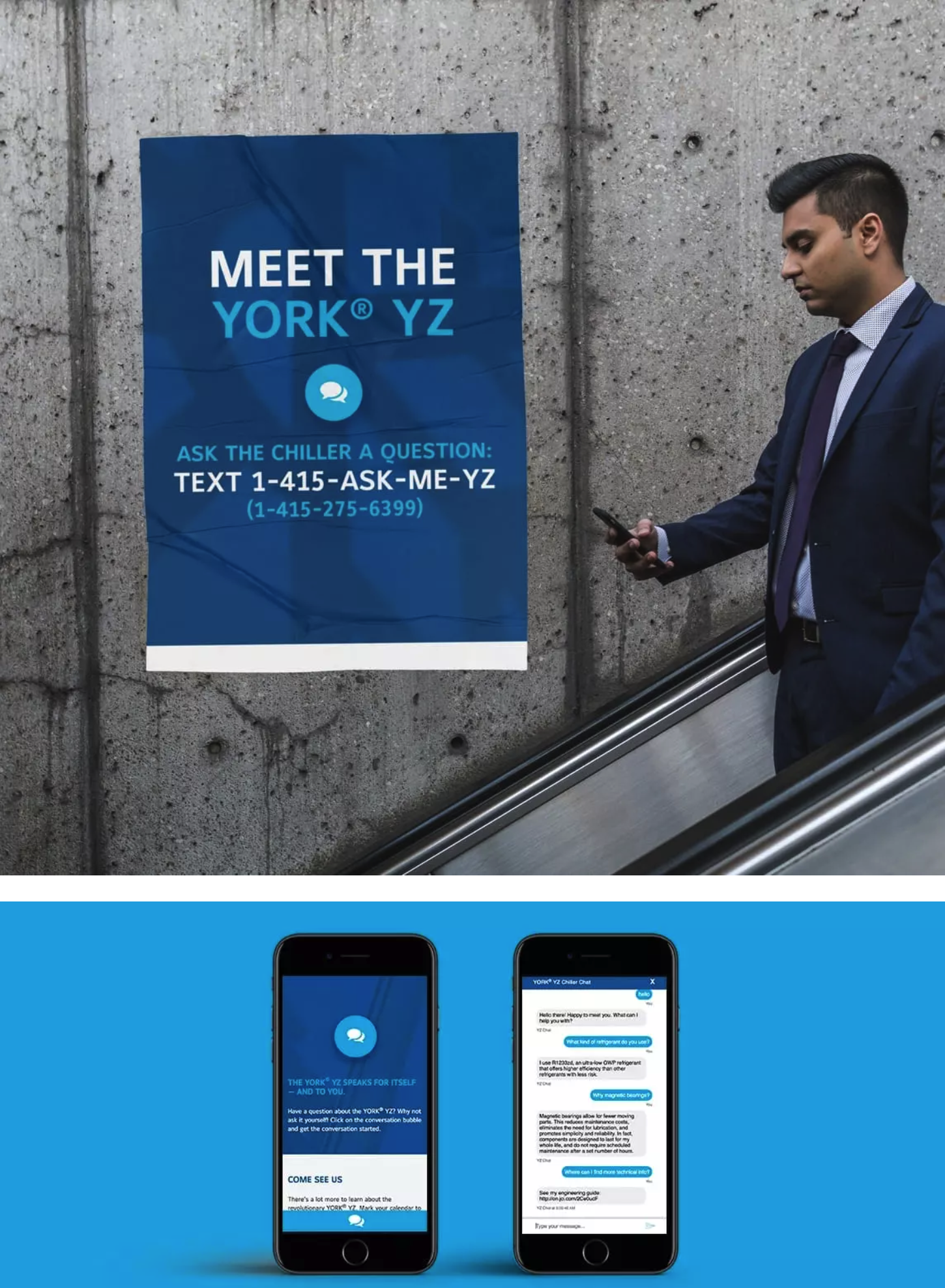 YORK YZ campaign shows a text-to-chat poster beside a man with a phone and mobile chatbot screens.