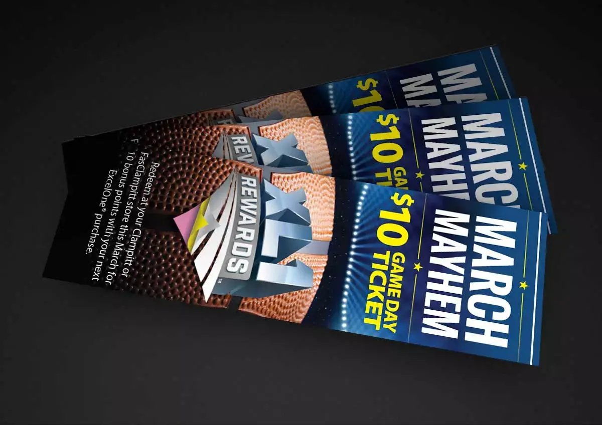 Glatfelter XL1 Rewards promotional game day tickets feature basketball graphics and a March Mayhem offer for customer purchases.