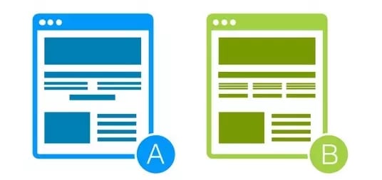 Two simplified webpage layouts labeled A and B, shown in blue and green with similar content blocks arranged in different designs.