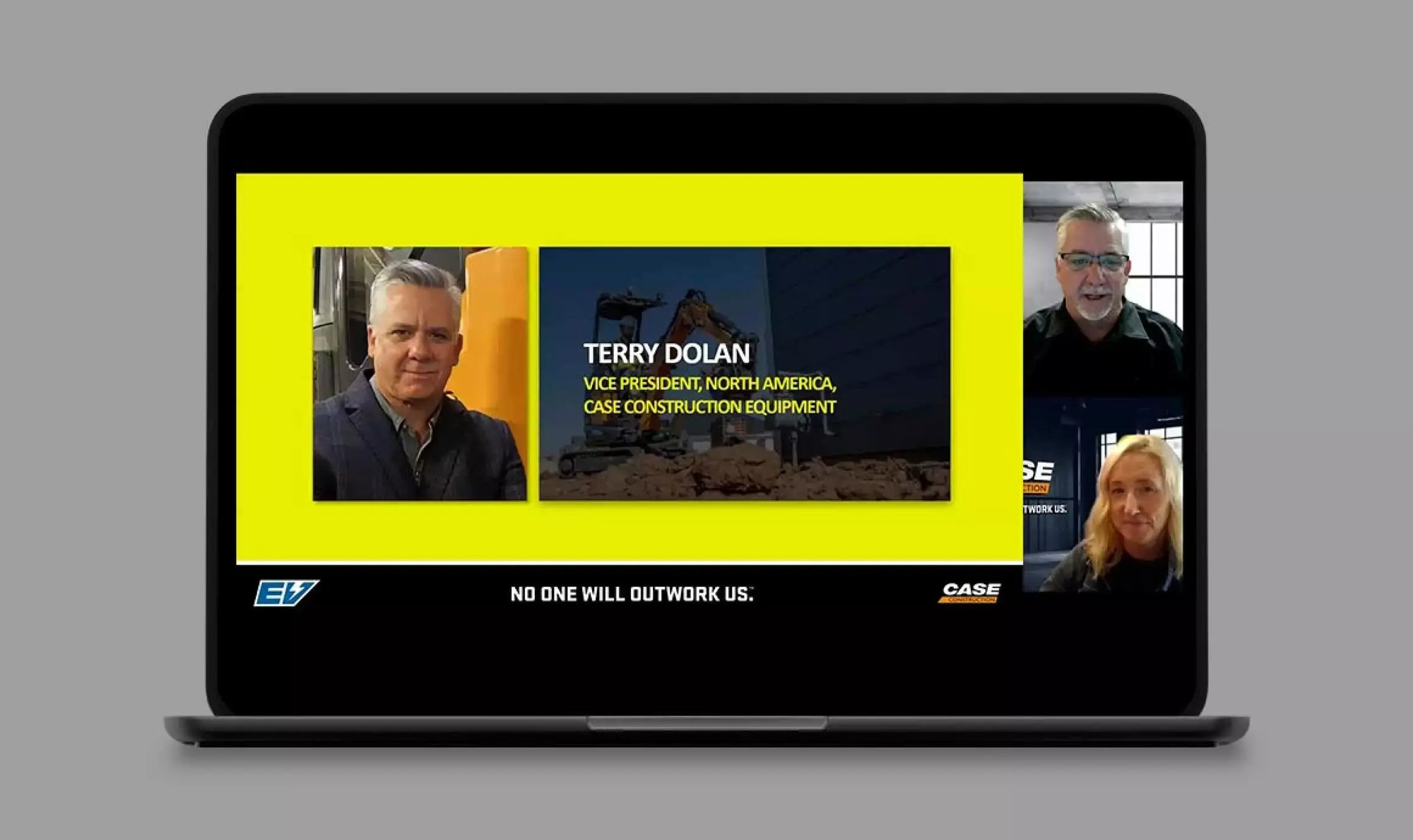 Laptop displays a CASE virtual media conference introducing a construction equipment executive.