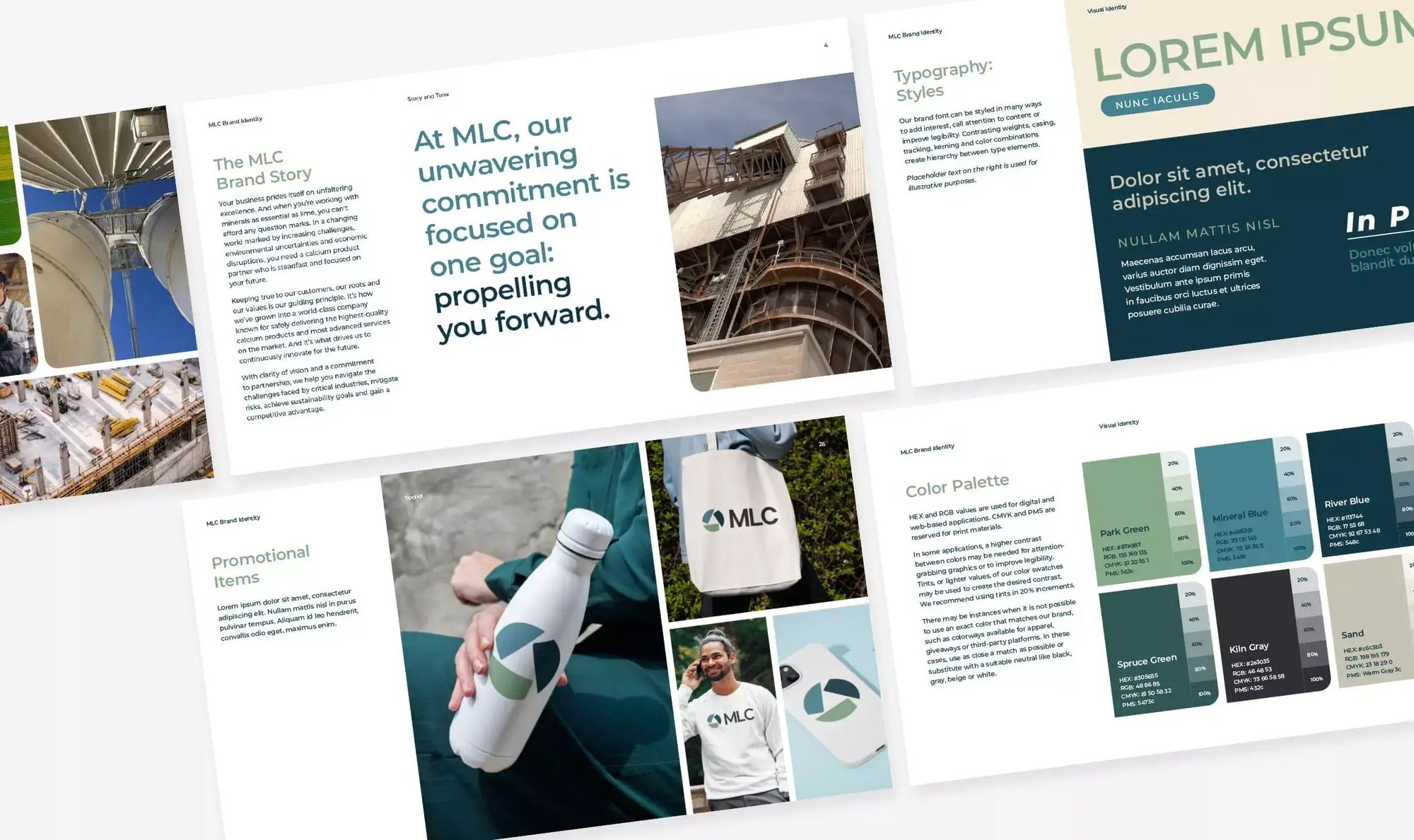 MLC brand guide displays industrial photography, typography, color palette and branded promotional items.