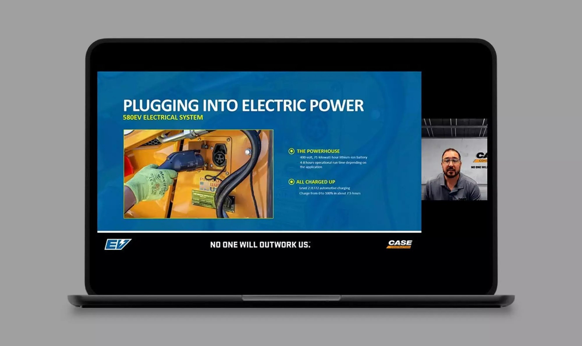 CASE virtual presentation shows the 580EV charging port and details about its electric power system.