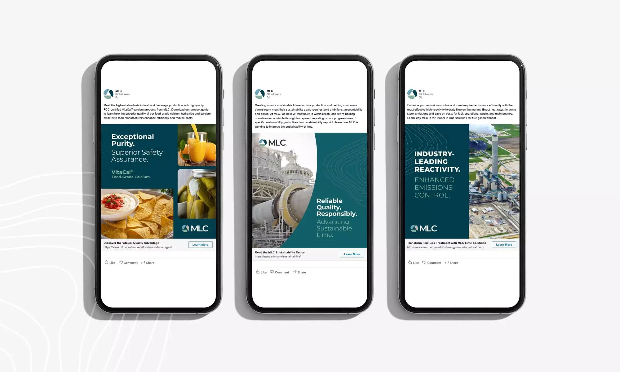 Three smartphones display MLC social media ads featuring lime products, facilities and sustainability messaging.