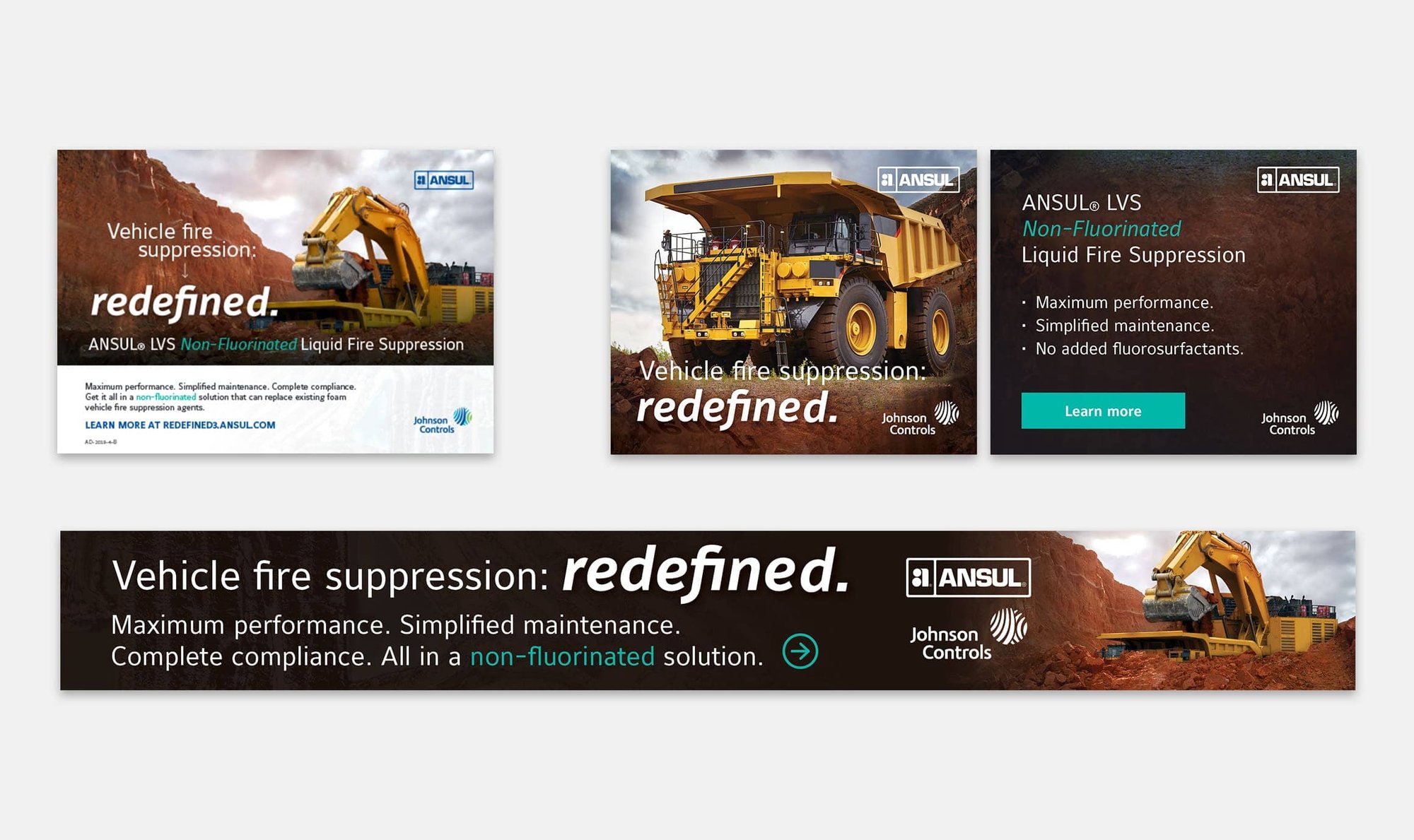 ANSUL digital ads feature mining equipment and messaging for non-fluorinated vehicle fire suppression.