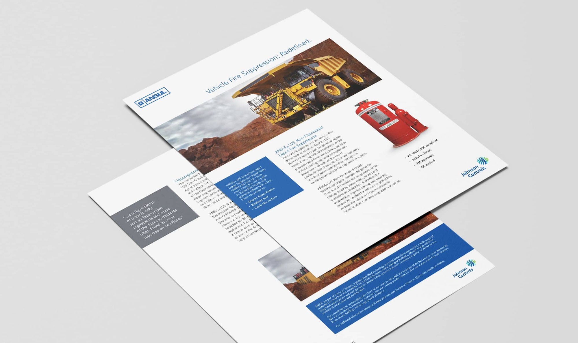 ANSUL product flyer features a mining haul truck and red liquid fire suppression system.