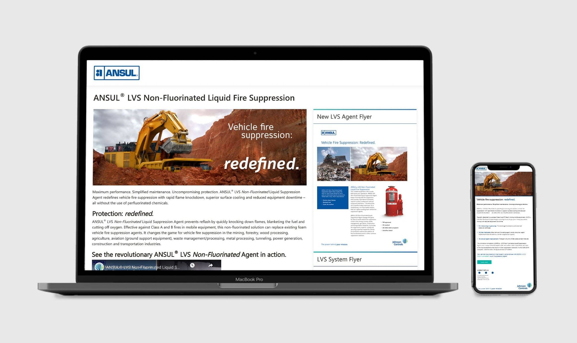 Laptop and smartphone display the ANSUL vehicle fire suppression website and product information.
