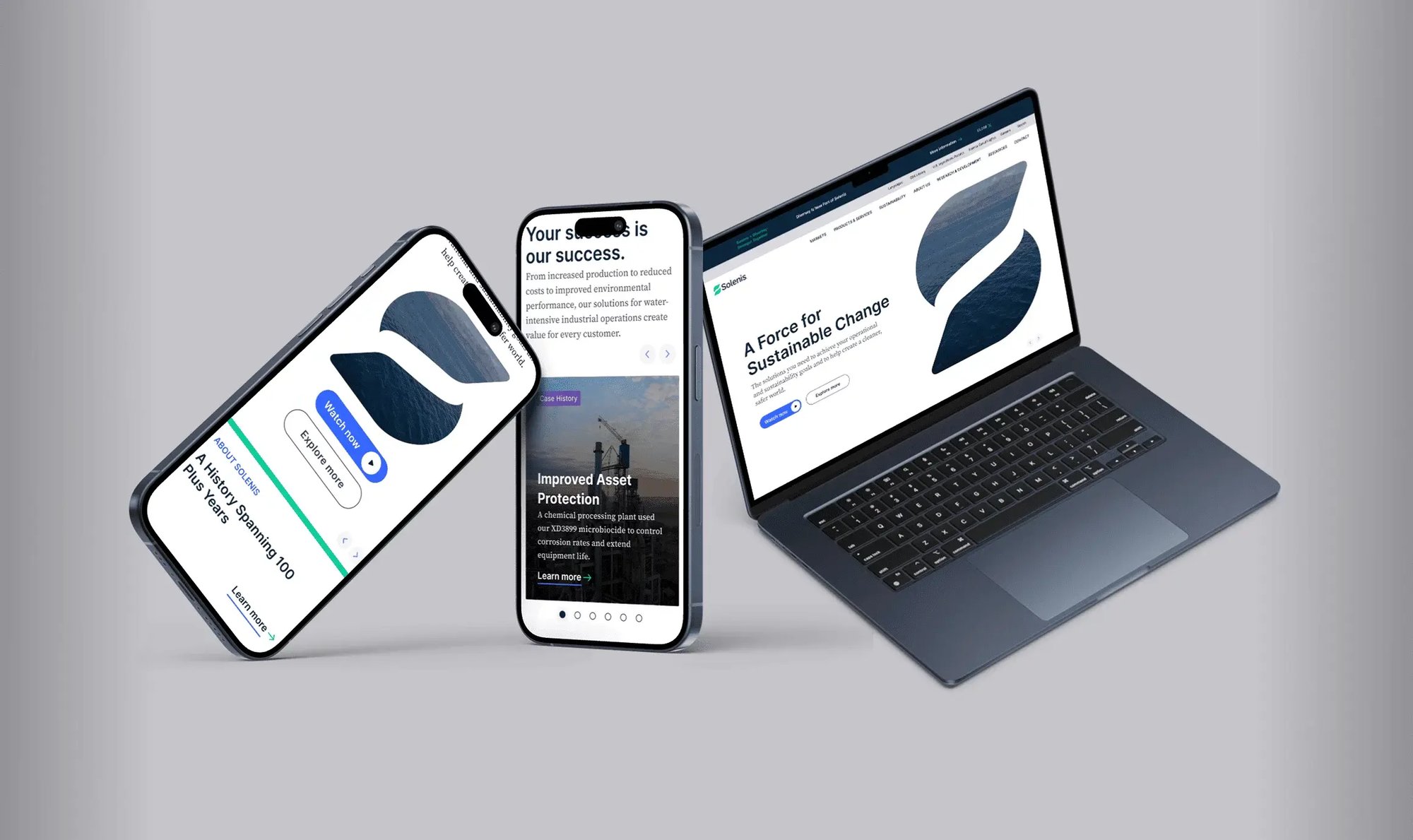 Solenis branded materials showcase the refreshed visual identity across digital and marketing applications.