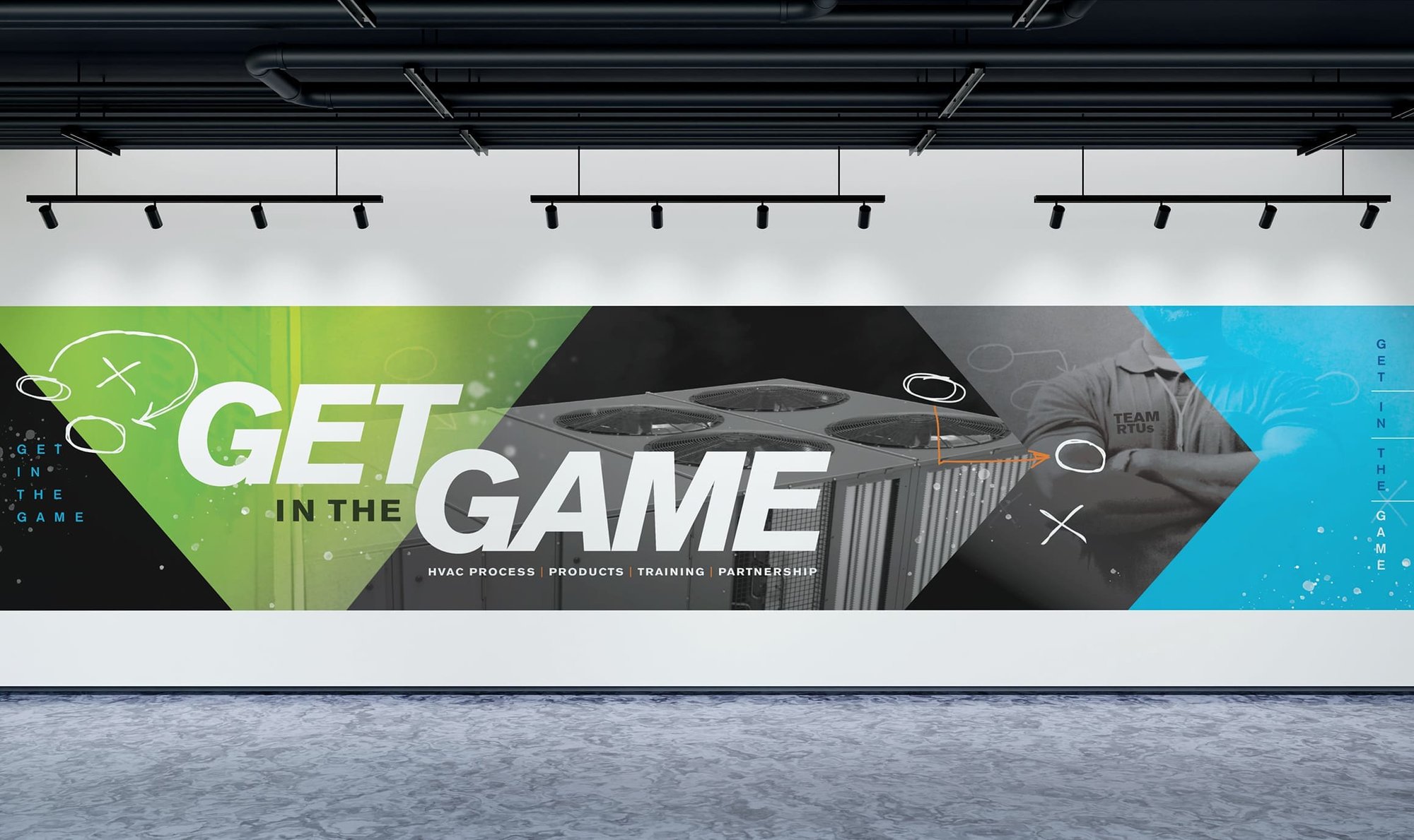“Get in the Game” HVAC wall graphic featuring rooftop equipment, a Team RTUs technician and football play-diagram elements.