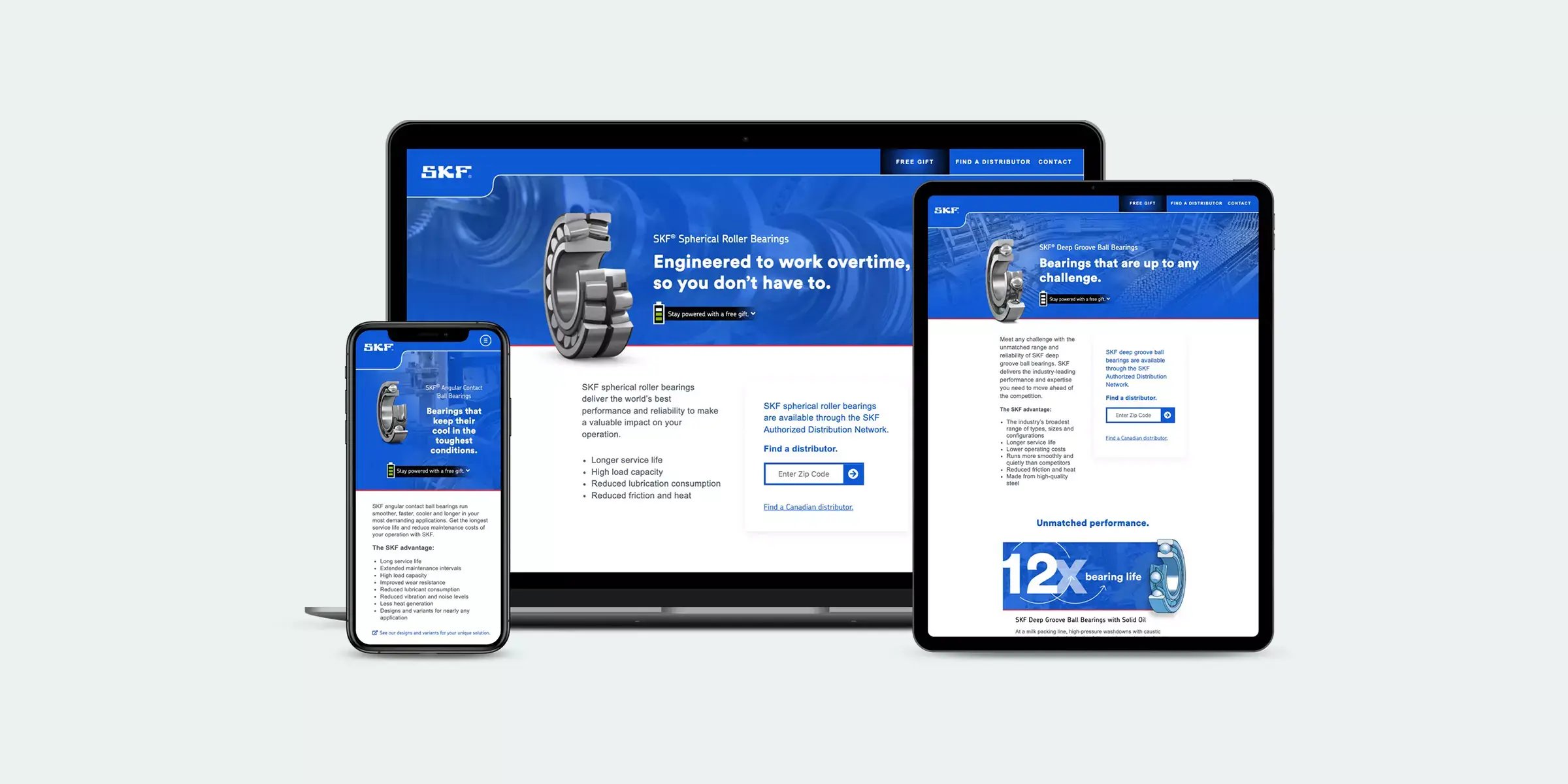 SKF campaign materials feature industrial bearings, application photography and bold performance statistics.