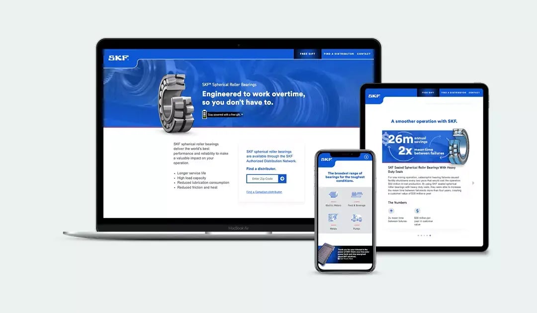SKF spherical roller bearing shown with industrial equipment imagery and performance-focused campaign graphics.