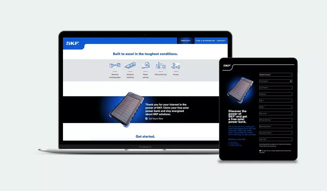 SKF bearing campaign creative combines close-up product photography with bold numerical performance data.
