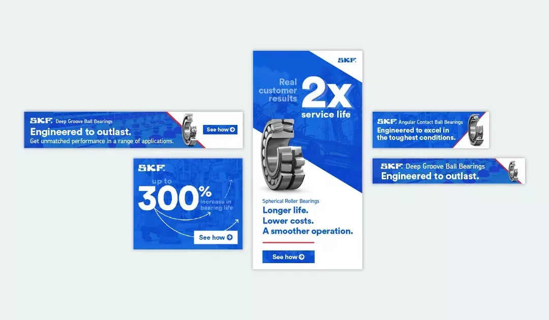 SKF bearing shown alongside industrial application photography and graphics highlighting product performance.